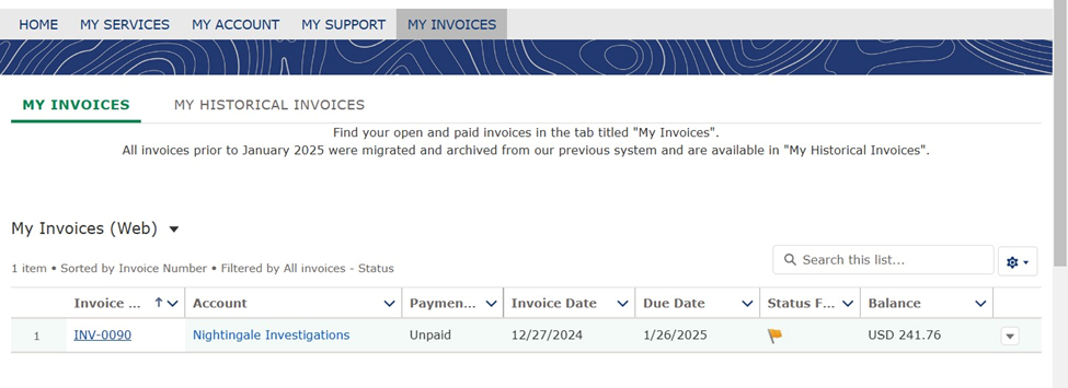 Customer Portal My Invoices page showing open and paid invoices